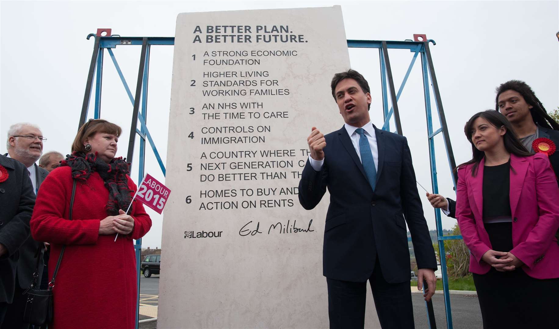 Labour leader Ed Miliband with the “Edstone” showing his priorities in 2015 (Stefan Rousseau/PA)