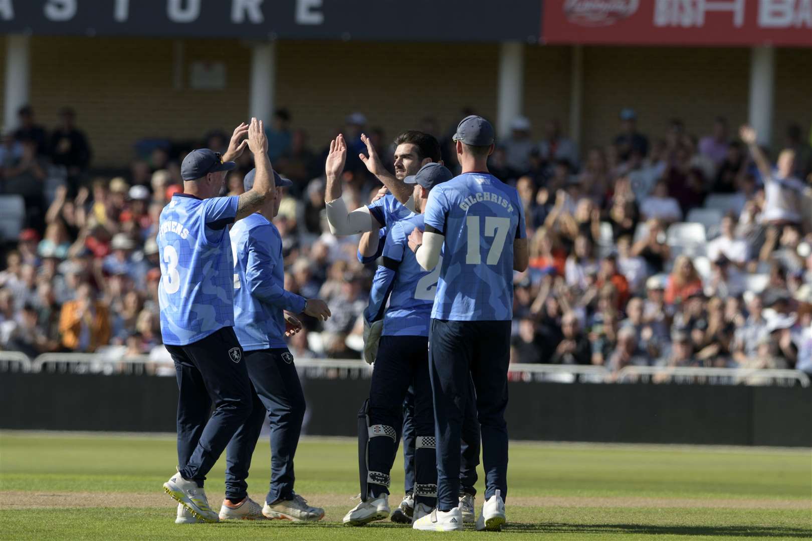 Grant Stewart celebrates the opening Lancashire wicket to fall. Picture: Barry Goodwin