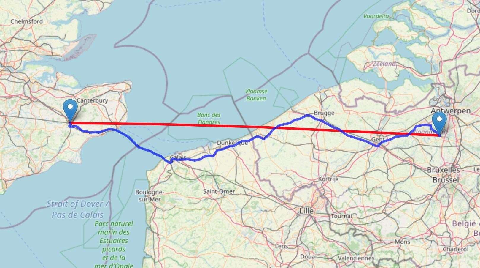 The distance between Puurs and Ashford is 148 miles, as the crow flies. Image: OpenStreetMap