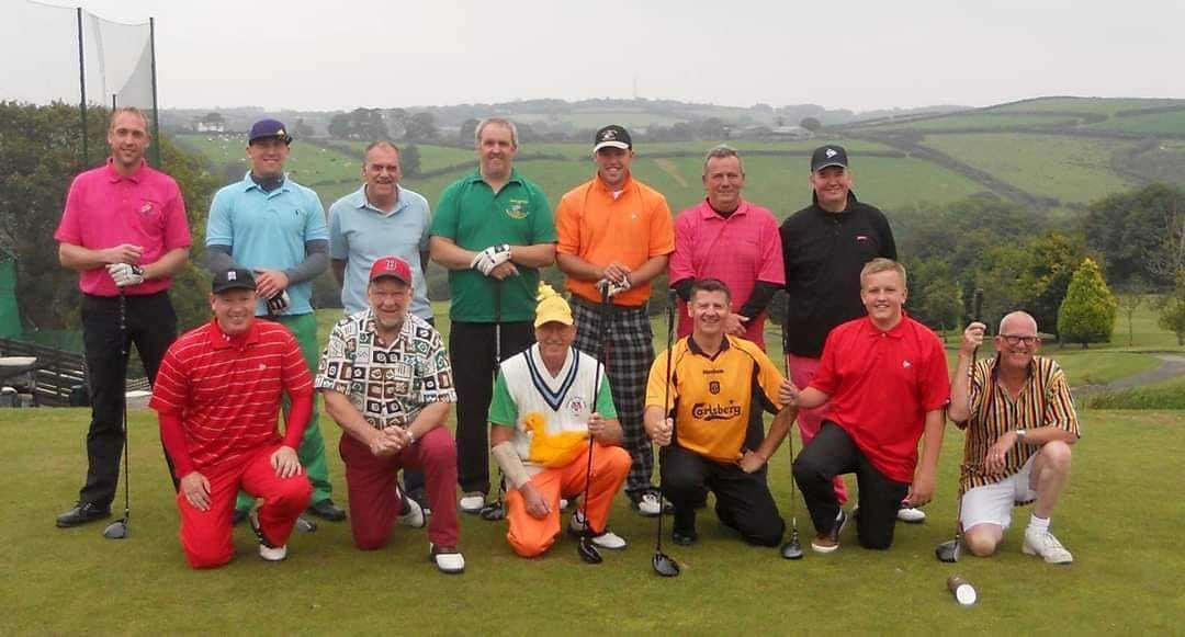 Peter is pictured back row, third from the left, alongside the Tilmanstone Skittles team on a golf day