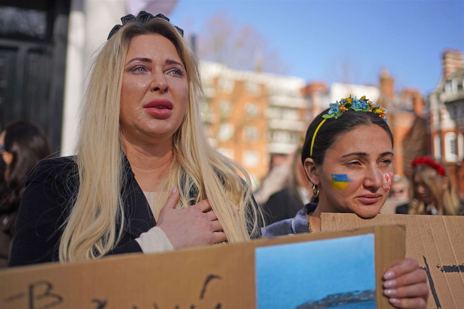 Protesters outside the Russian embassy in west London, following the Russian invasion of Ukraine (Victoria Jones/PA)