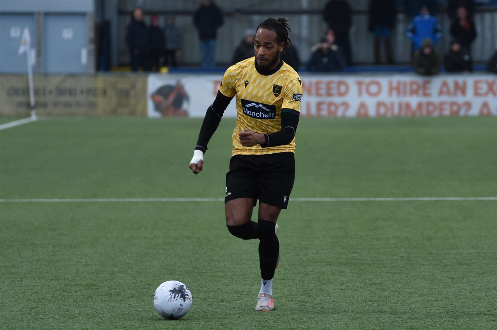 Maidstone winger Lamar Reynolds in action at Havant last weekend. Picture: Steve Terrell