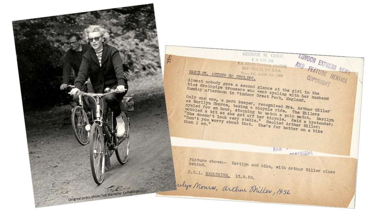 A photo of Marilyn Monroe and Arthur Miller on a bike ride in Windsor Great Park, in summer 1956 alongside newspaper cuttings (Ted Stampfer Collection/PA)