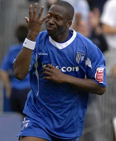 Striker Chris Dickson celebrates giving Gillingham the lead. Picture: GRANT FALVEY