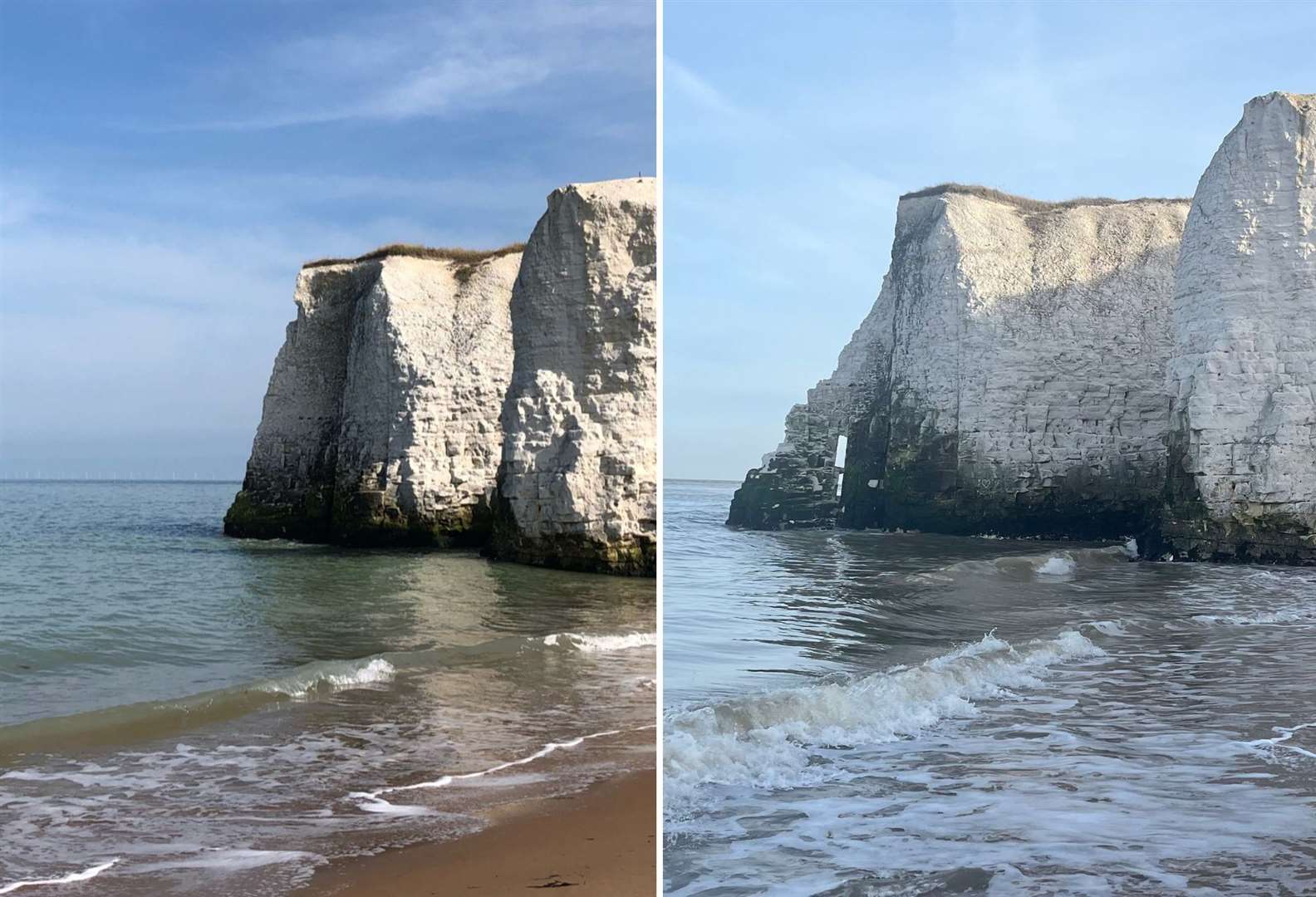 Before and after pictures taken in January to show the erosion of the stack at Botany Bay in Broadstairs. Picture: Dawn Kandekore