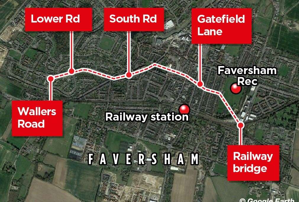 The route of a new cycle and pedestrian pathway in a bid to reduce reliance on car travel through Faversham