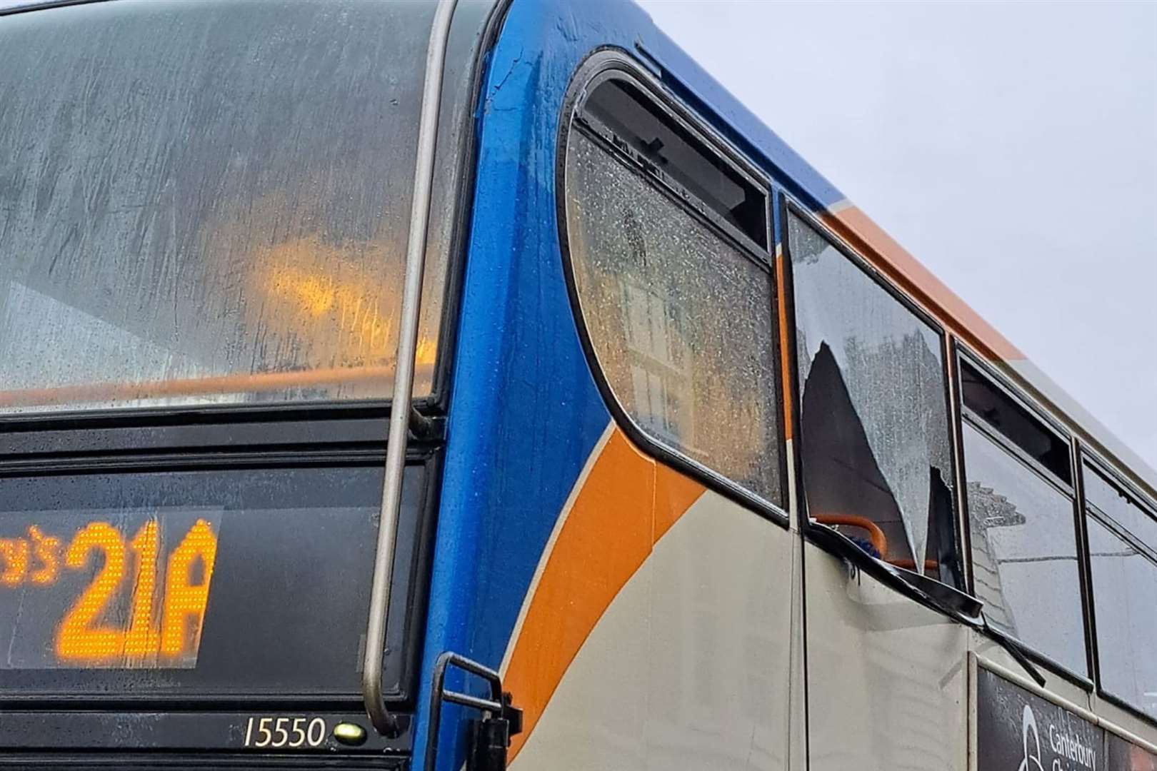 The bus hit the scaffolding causing a window to smash