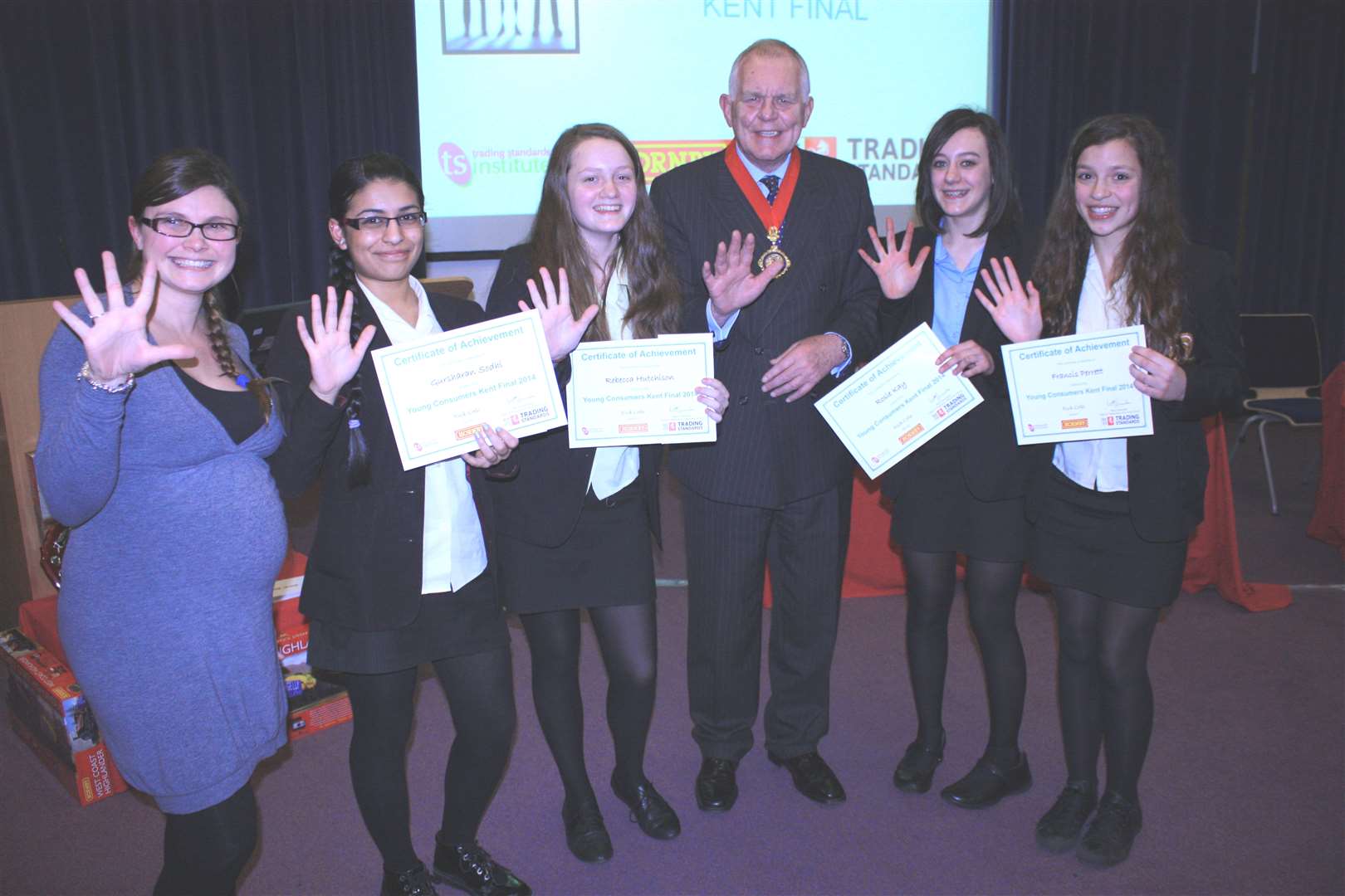 Northfleet Girls School pupils pictured with teacher Emily Hollis and KCC chairman Eric Hotson.