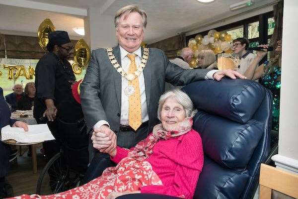 Cllr Paul Cutler, Mayor of Dartford, meets residents as Eglantine Villa Bupa Care home celebrates its third Outstanding CQC report. Picture: McCann