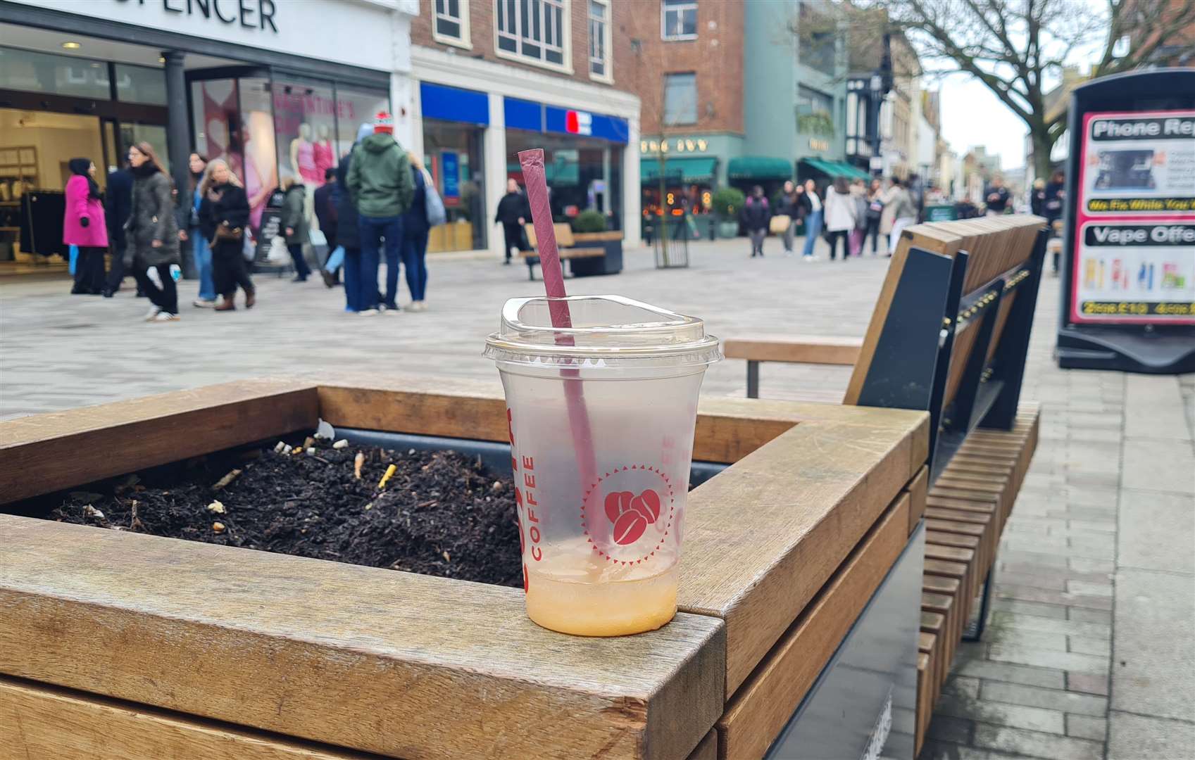 A Costa Coffee cup discarded in Canterbury high street