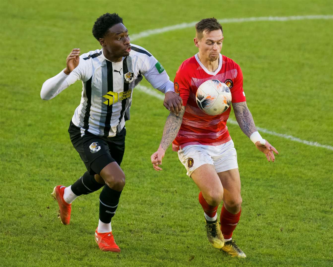 Ebbsfleet’s Craig Tanner is closed down by Dartford’s Jordan Wynter during Fleet’s 4-1 home defeat on Boxing Day. Picture: Ed Miller/EUFC