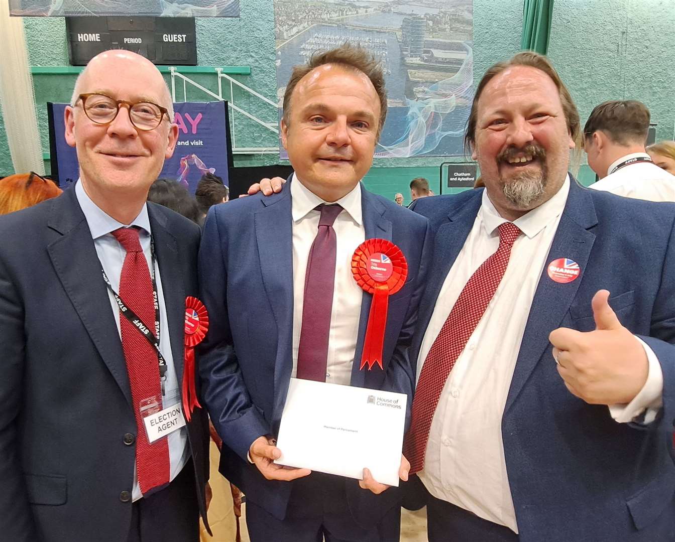 Tristan Osborne (centre) is the new Labour MP for Chatham and Aylesford