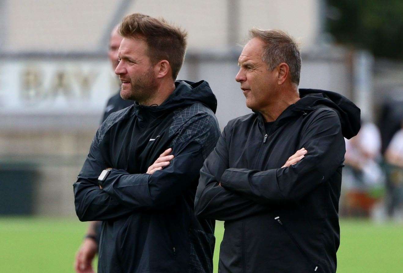 Herne Bay boss Steve Lovell and his assistant, and son, Mark Lovell watch on from the sidelines. Picture: James Aylward