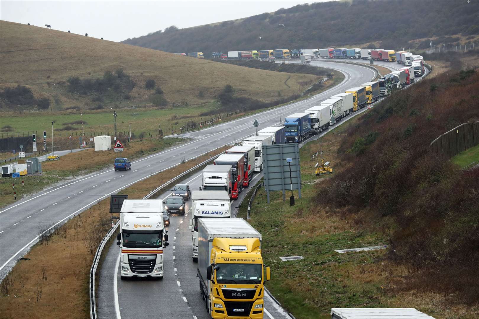 Queues on the A20 in Kent earlier this year as motorists faced major delays at the port of Dover due to heightened French security checks (PA)