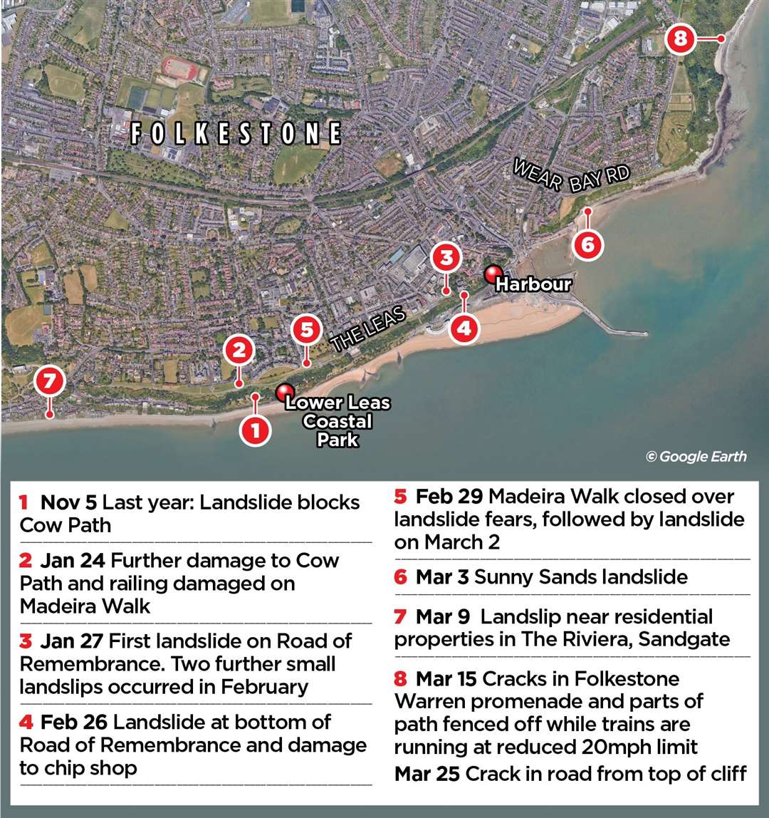 Landslides around Folkestone between November 5, 2023, and April 2024