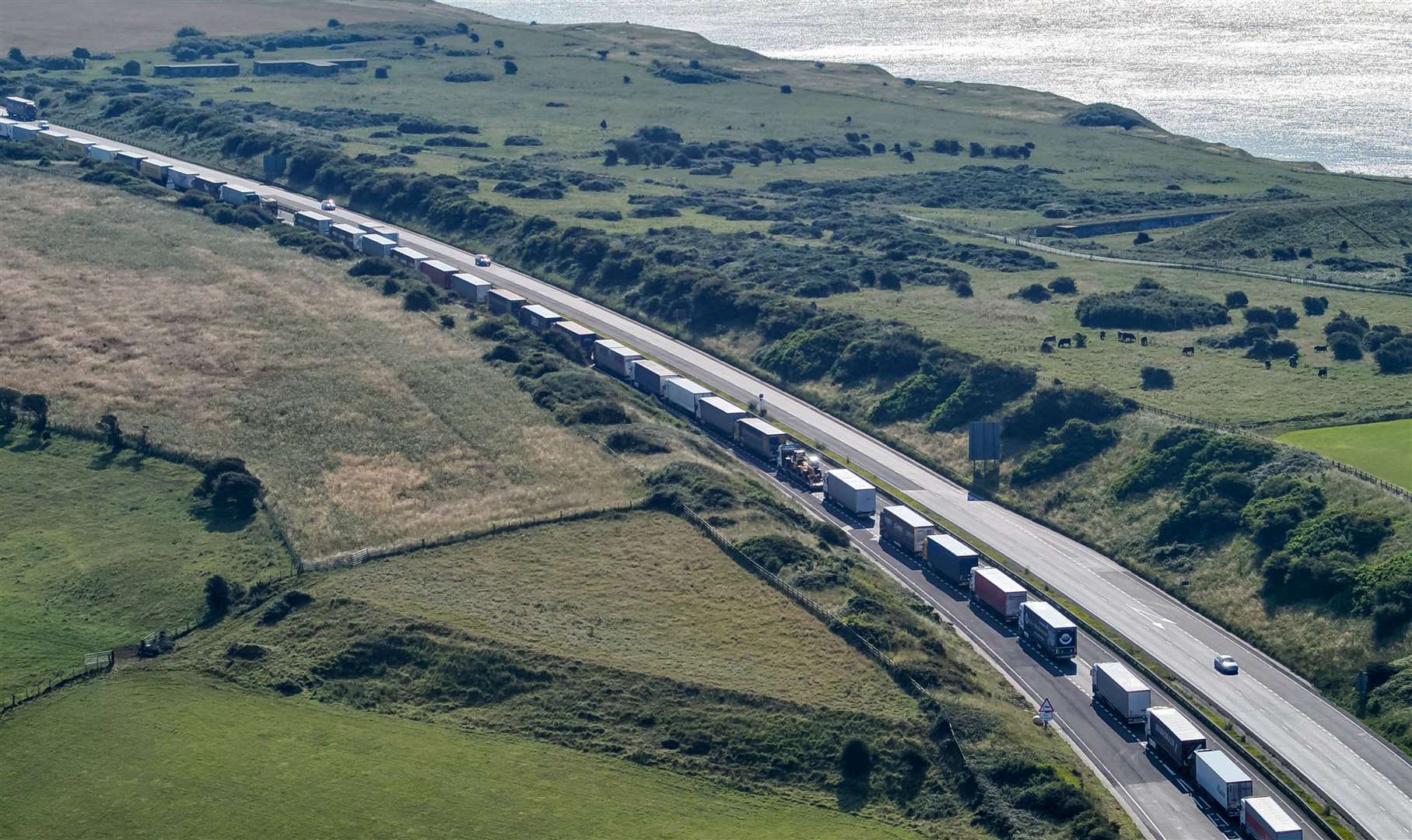 Dover TAP has been implemented on the A20, with hundreds of lorries queuing outside the town. Picture: UKNIP