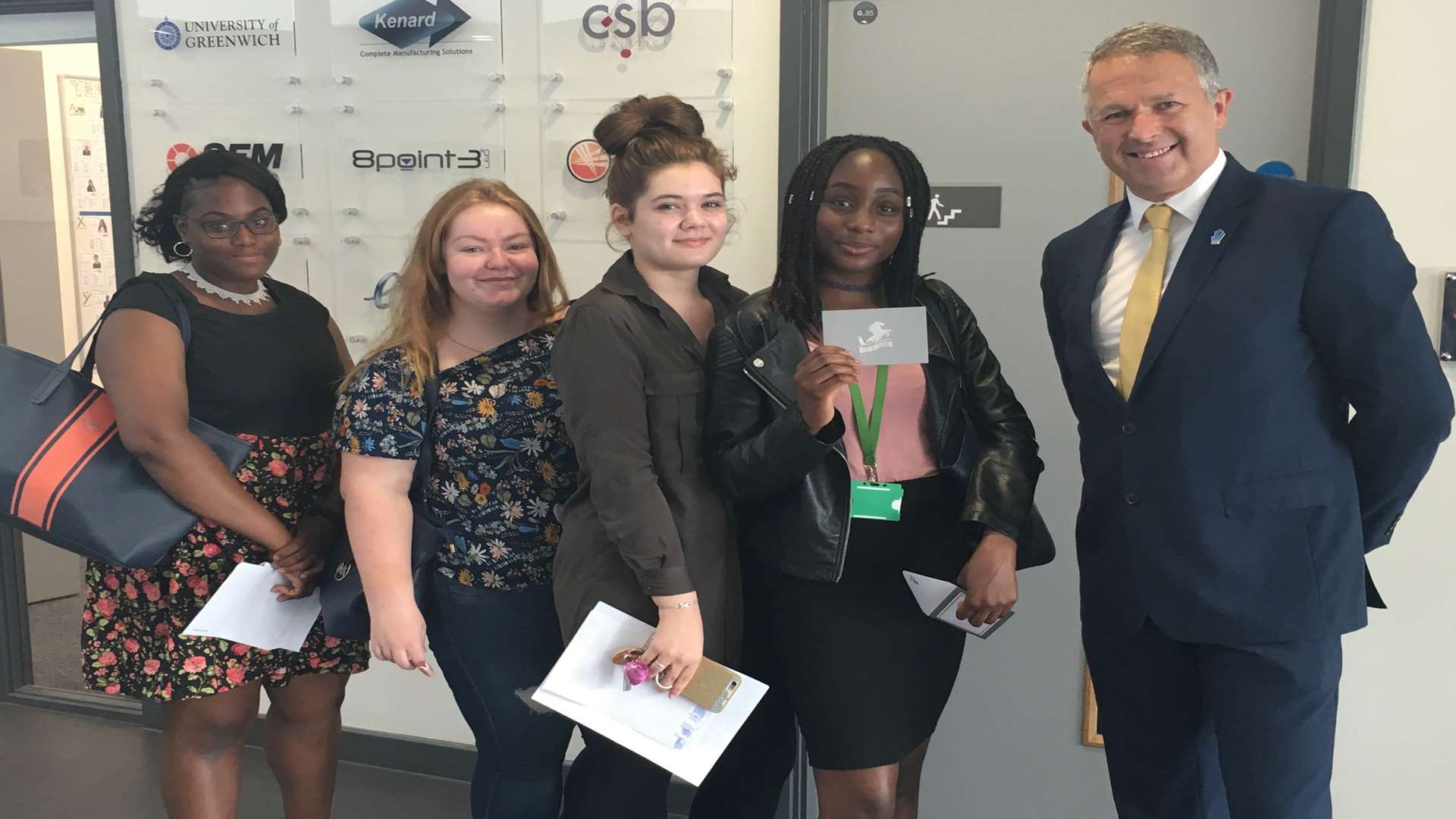 Ruth Orji, Carys Harvey, Lulu Regan and Rachael Orji celebrate their success with Principal Steve Leahey