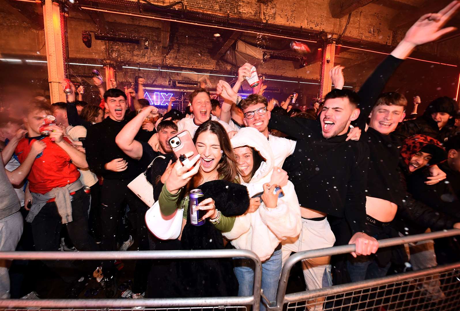 England fans celebrate at the Mayfield Depot in Manchester (Peter Powell/PA)