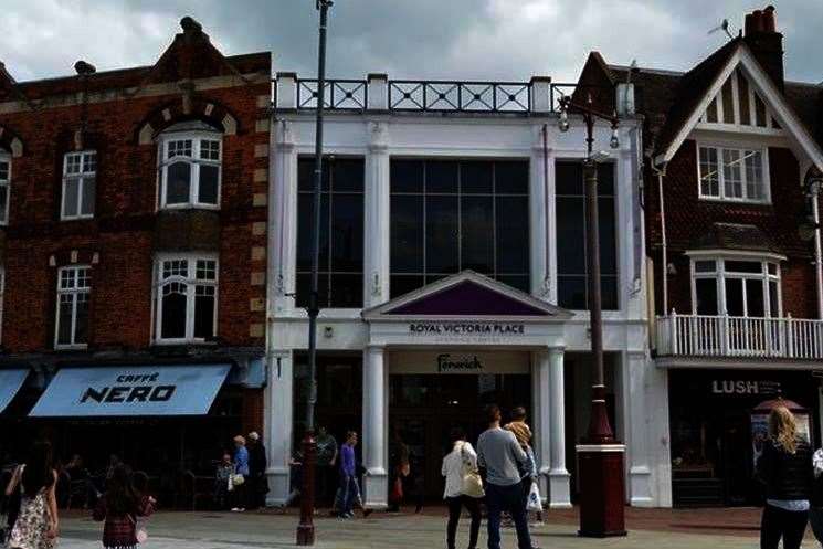 The main entrance to the Royal Victoria Place shopping centre