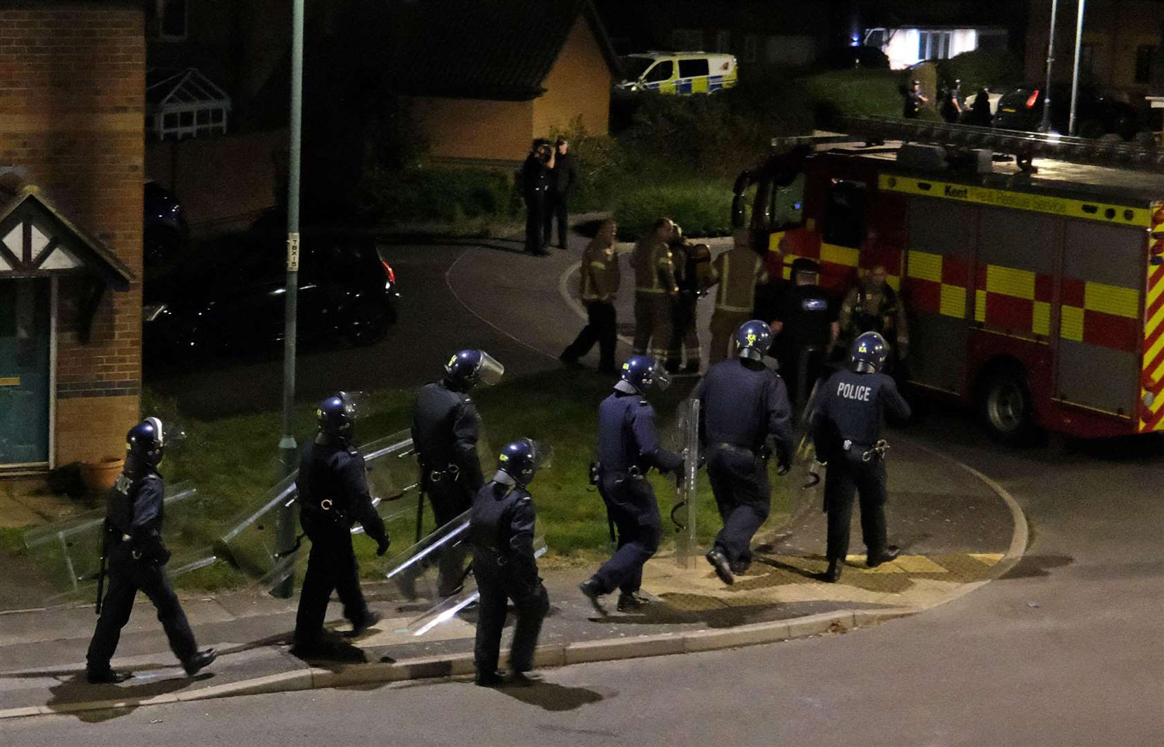Police in riot gear attend an incident in Burrstock Way, Rainham, on Friday night. Picture: Robin Halls