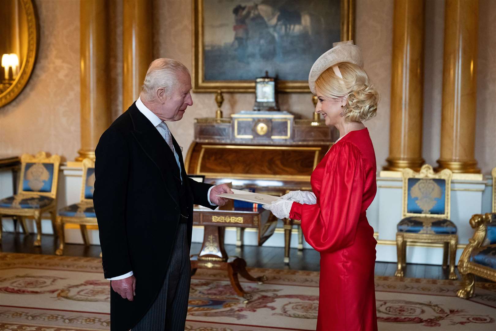 The King carrying out an audience with the ambassador of North Macedonia, Katerina Stavreska, at Buckingham Palace (Aaron Chown/PA)