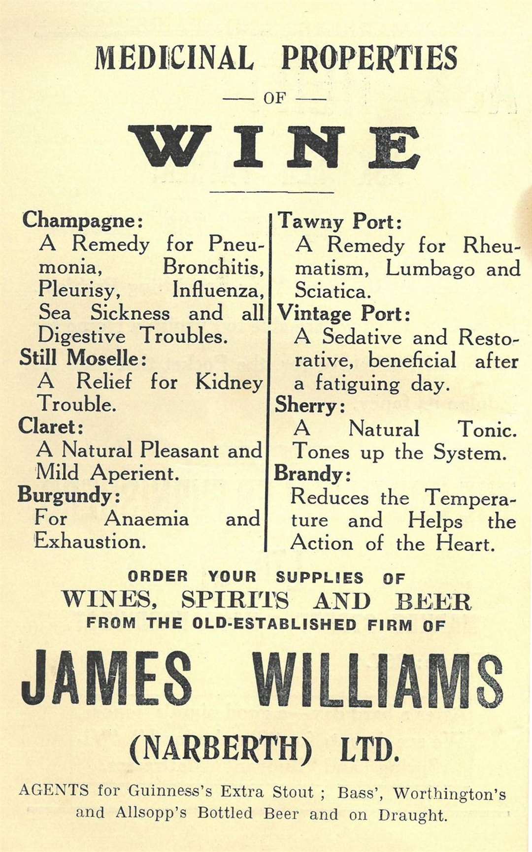 A 1932 poster detailing the “medicinal properties of wine” (Pembrokeshire Archives)