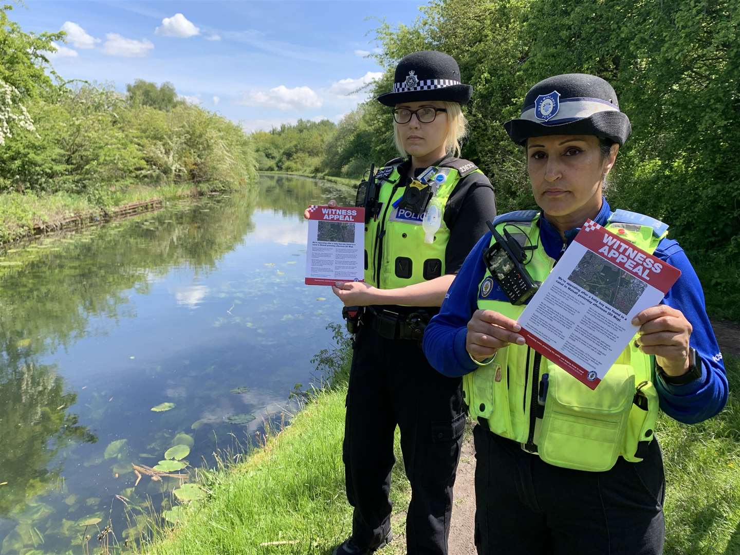 Officers beside the Wyrley and Essington Canal appeal for information a week after the baby was found (Richard Vernalls/PA)