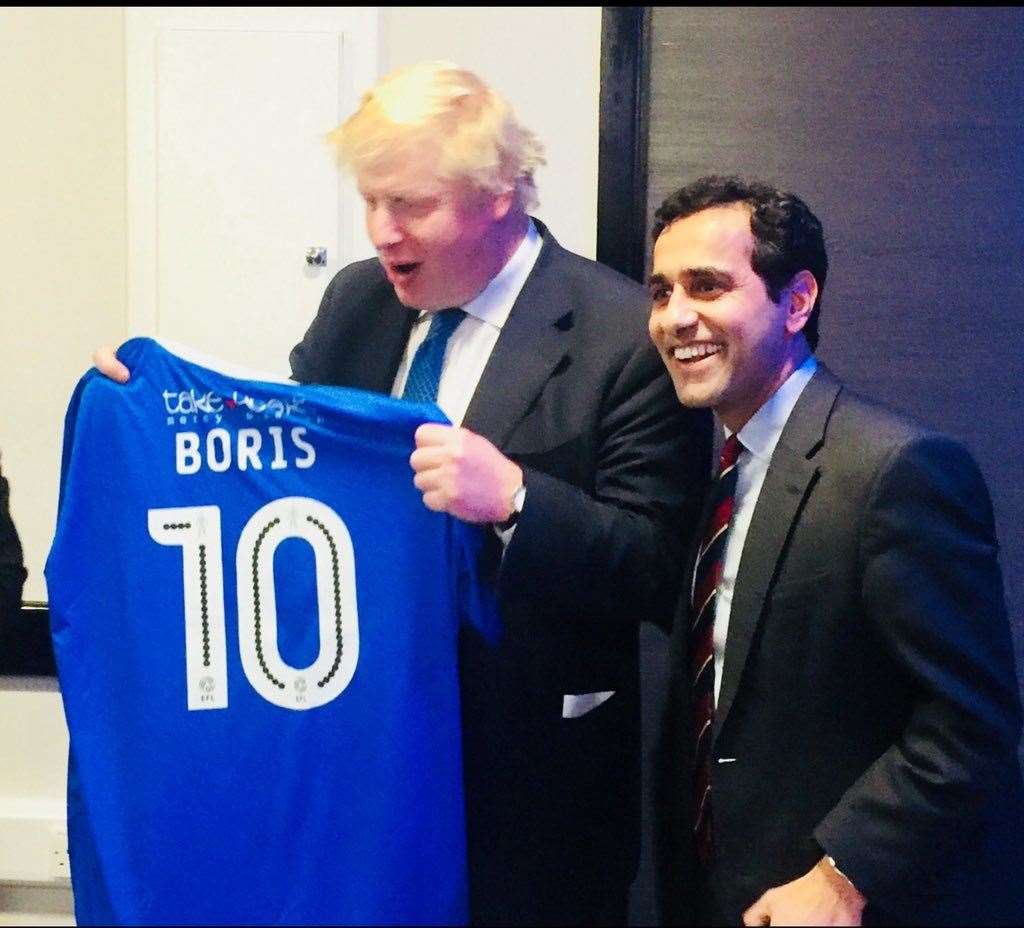 Boris Johnson was presented a Gills shirt by MP for GIllingham and Rainham, Rehman Chishti, who is backing Boris for Prime Minister. (13387613)