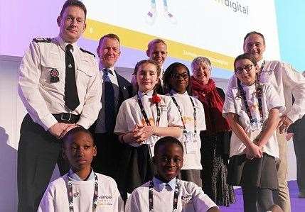 Children and senior police officers unveil the ‘Dot Com’ programme to thousands of teachers at Bett 2020