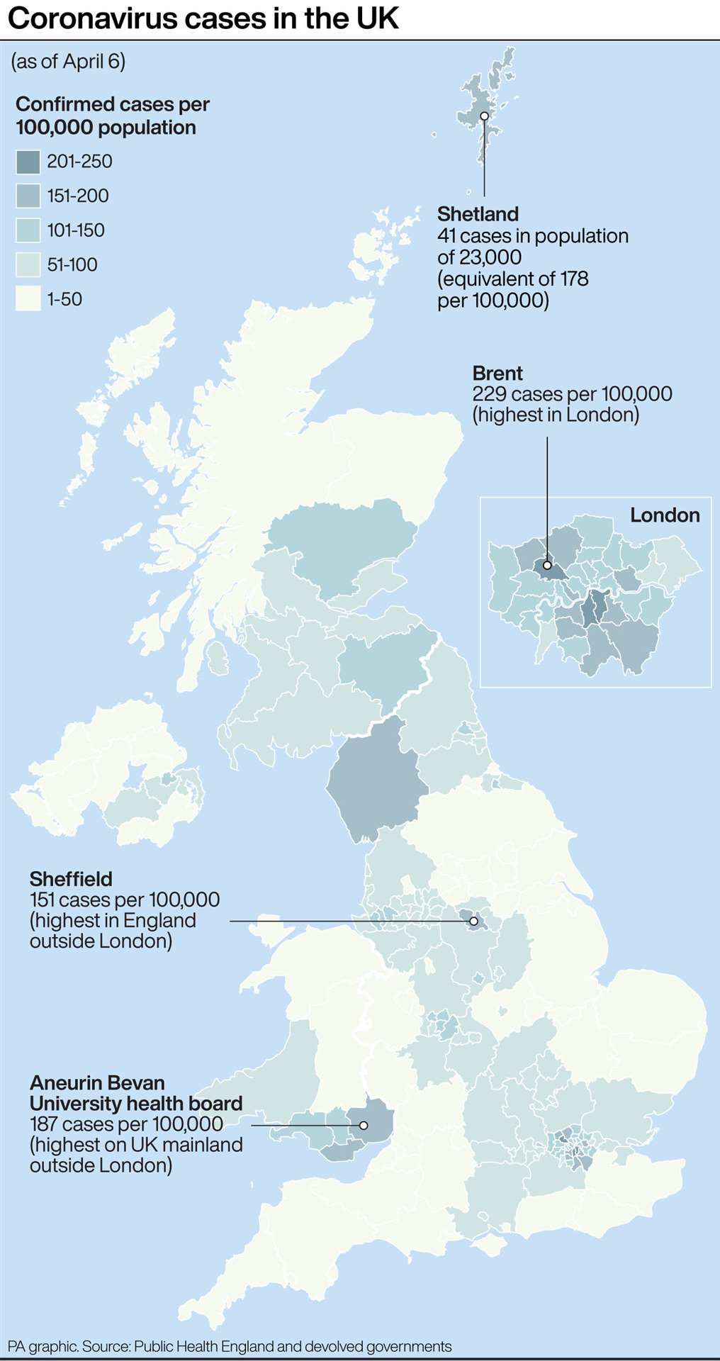 Coronavirus cases in the UK. See story HEALTH Coronavirus. Infographic PA Graphics