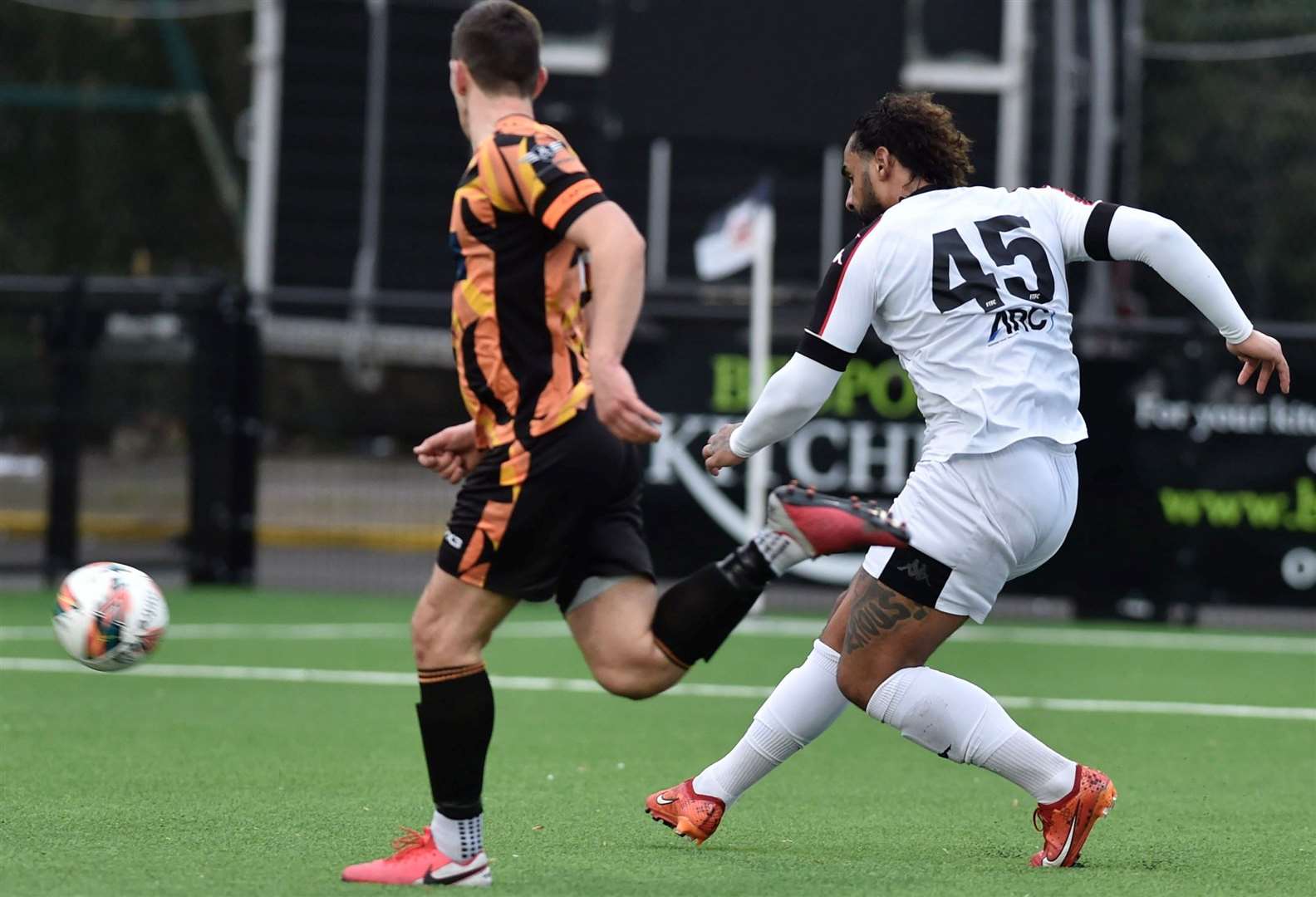 Stefan Payne pulls a goal back in the second half but it wasn’t enough for Faversham against Lordswood. Picture: Ian Scammell