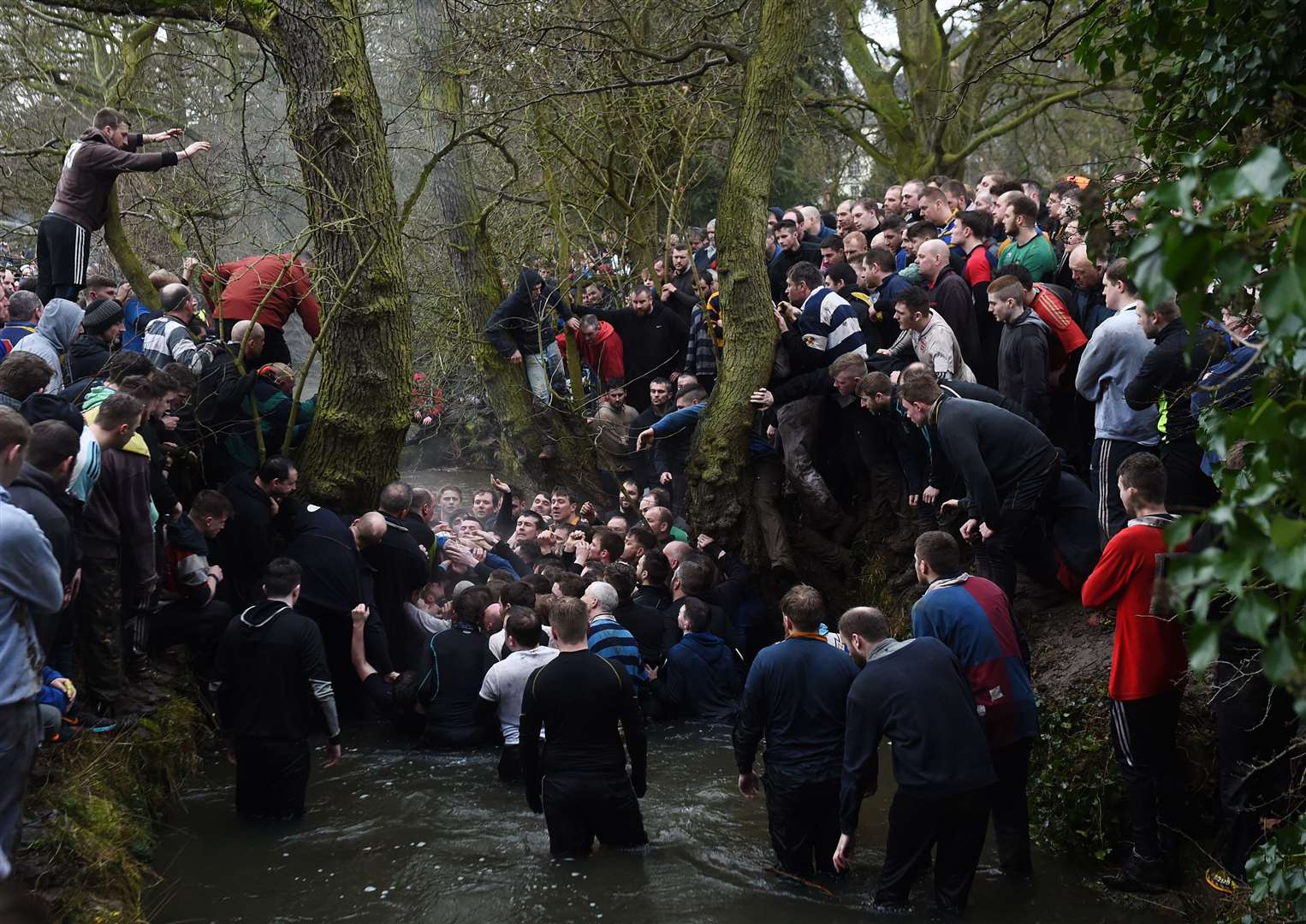 Players during a previous Royal Shrovetide football match in Ashbourne (Joe Giddens/PA)