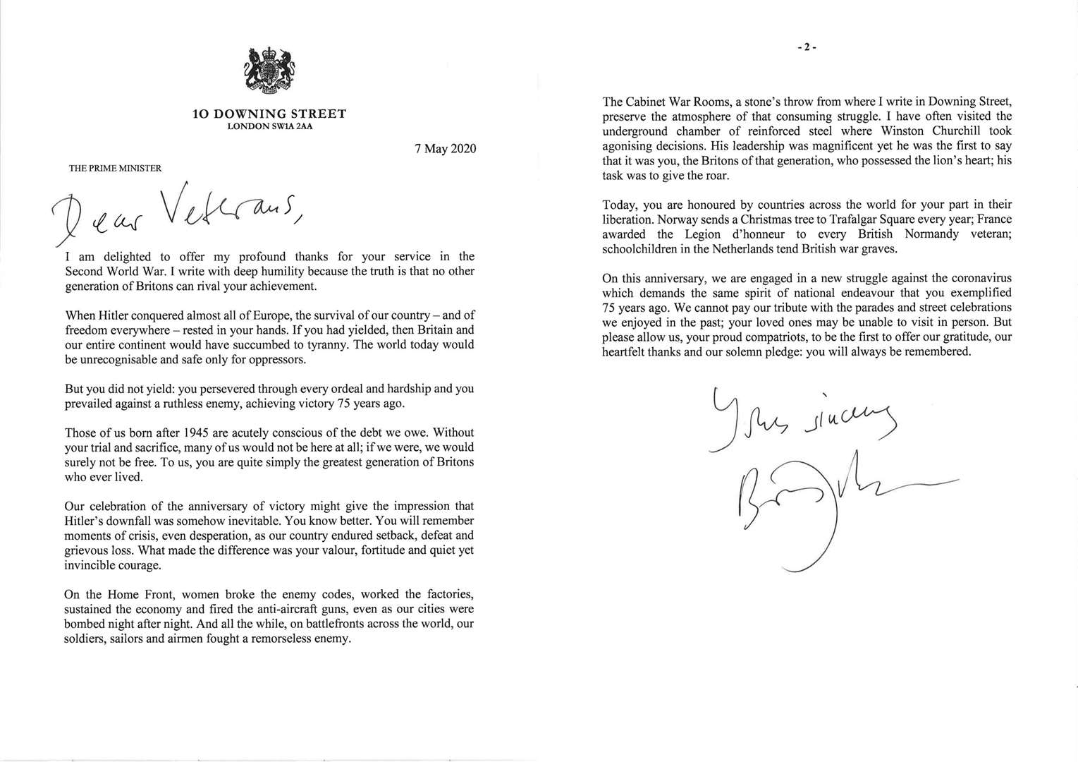 Letter written by Prime Minister Boris Johnson to veterans to mark VE Day (10 Downing St/PA)