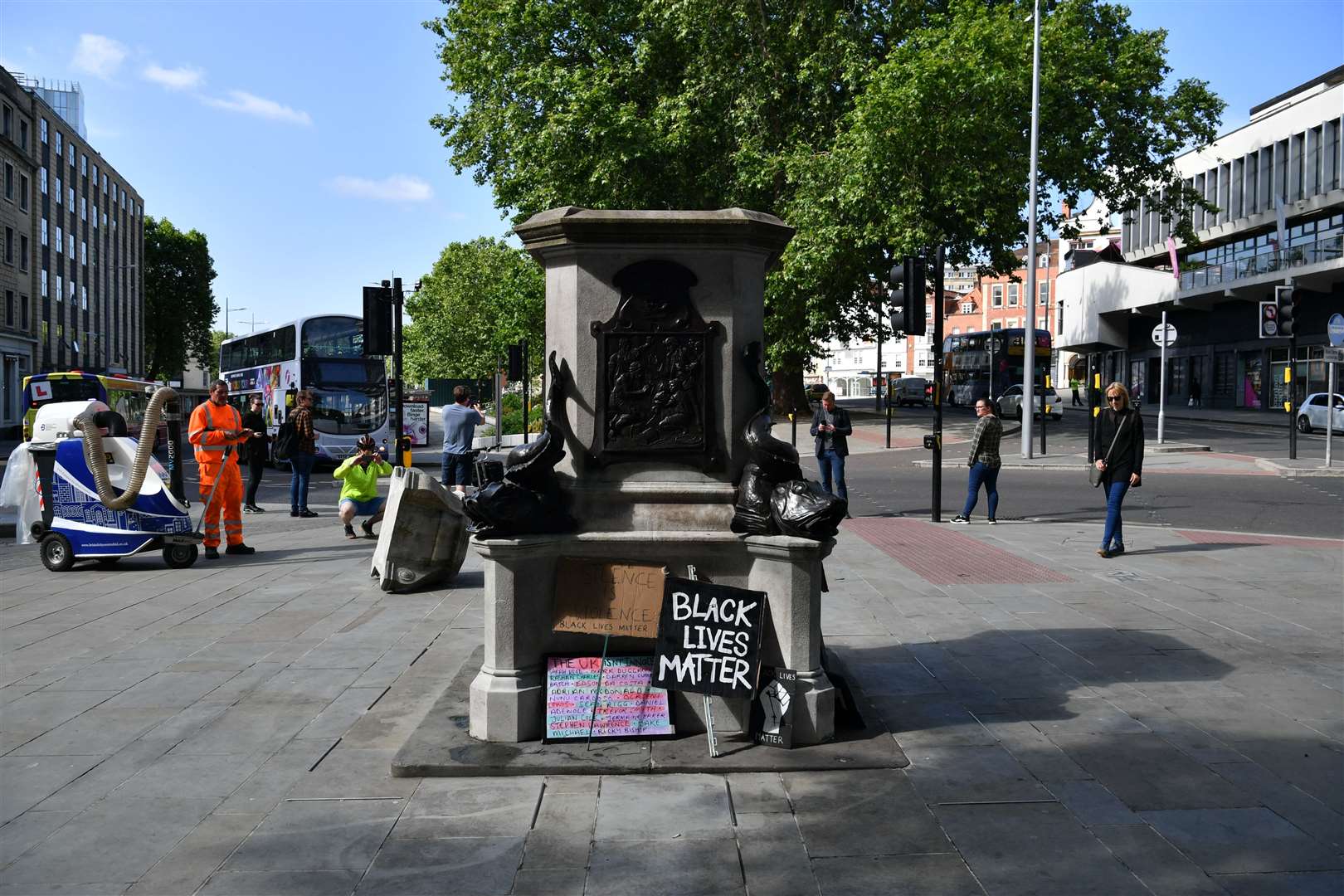 The empty plinth where the statue of Edward Colston in Bristol once stood (Ben Birchall/PA)