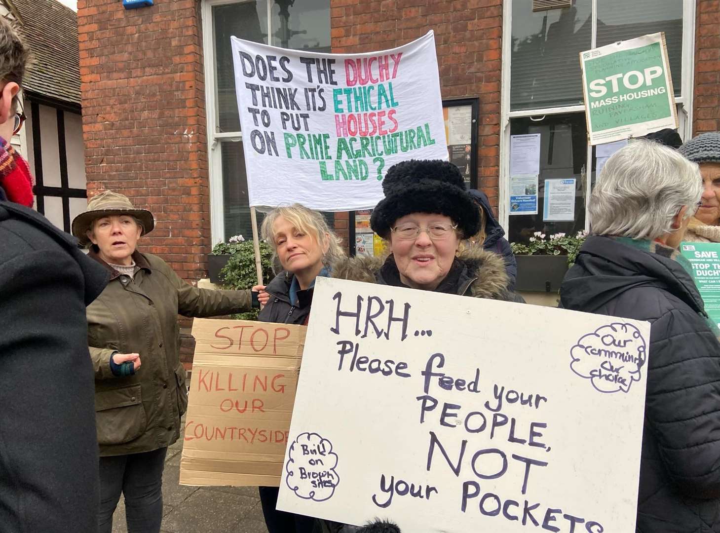 Protesters in Faversham angry at the Duchy of Cornwall's plans to build 2,500 homes near Brenley Corner