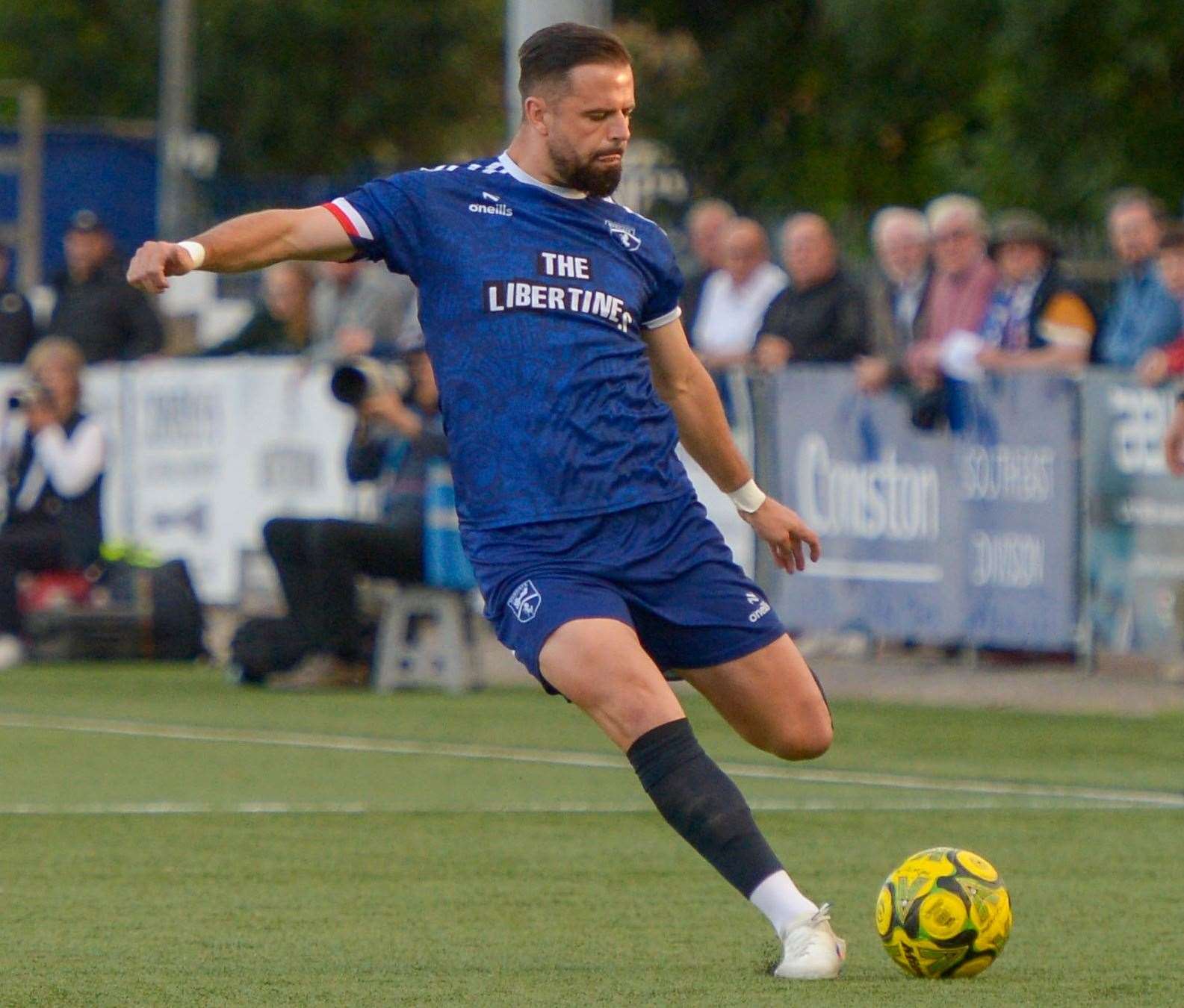 Margate player-manager Ben Greenhalgh in possession against Dartford - the club he works at. Picture: Stuart Watson