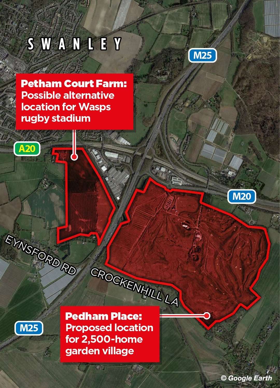 The two controversial sites are found just below Swanley and either side of the M25