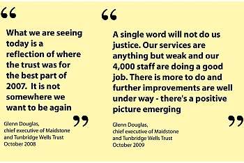 Glenn Douglas quotes from 2008 and 2009 on Maidstone and Tunbridge Wells NHS Trust's 'weak' rating. Graphic: Ashley Austen