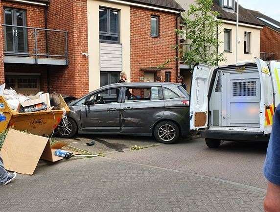 A car which ended up embedded in the skip. Picture Roger Wilkins