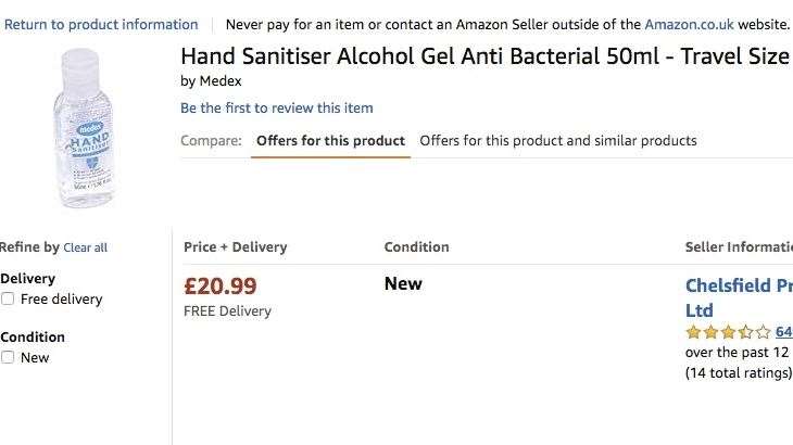 A travel sized bottle of hand sanitiser is being sold for £20.99