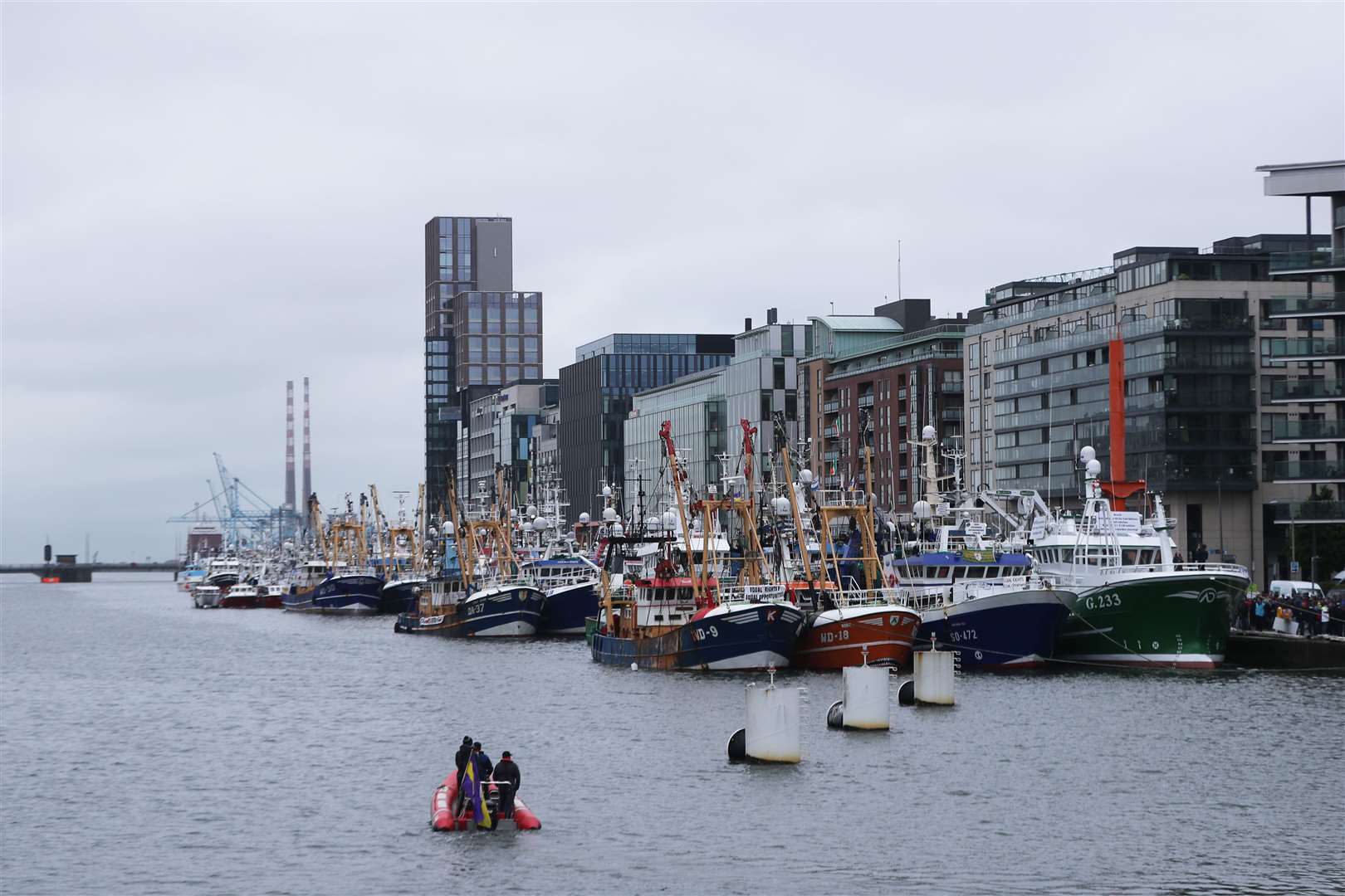 Trawlers from all around the Irish coast gathered outside the Convention Centre in Dublin (Niall Carson/PA)