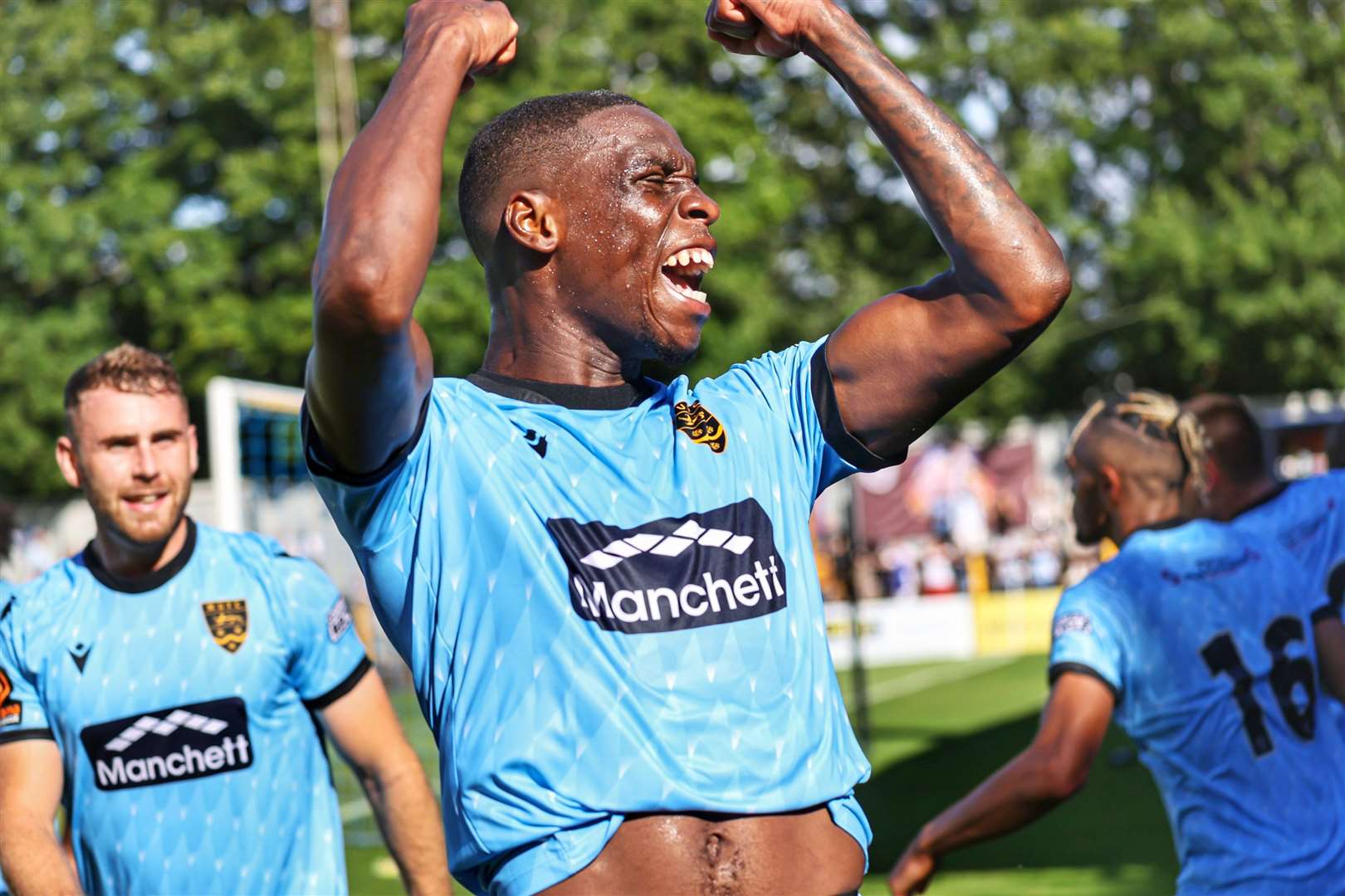 Temi Eweka celebrates his 89th-minute header for Maidstone. Picture: Helen Cooper