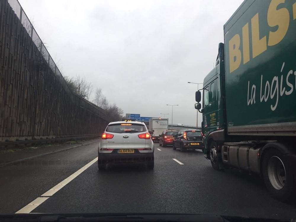 Traffic is queuing on the London-bound M20 (26703789)