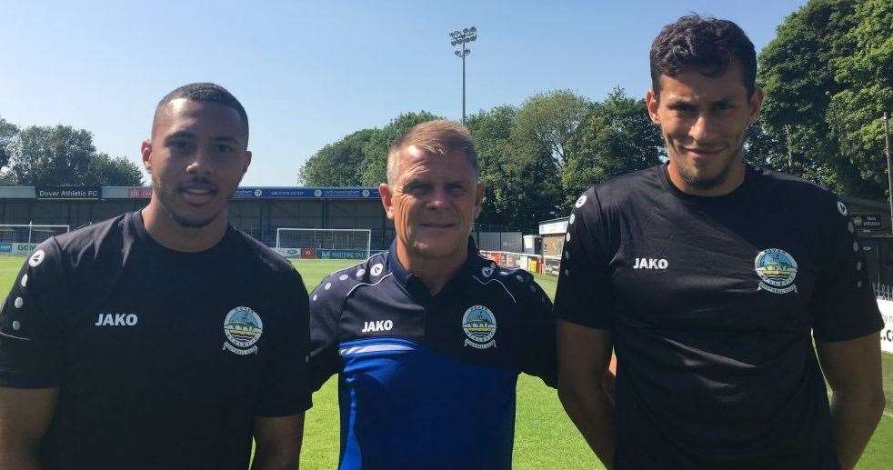 Dover manager Andy Hessenthaler with Aaron Simpson and Bilel Hinchirl. Picture: Dover Athletic FC