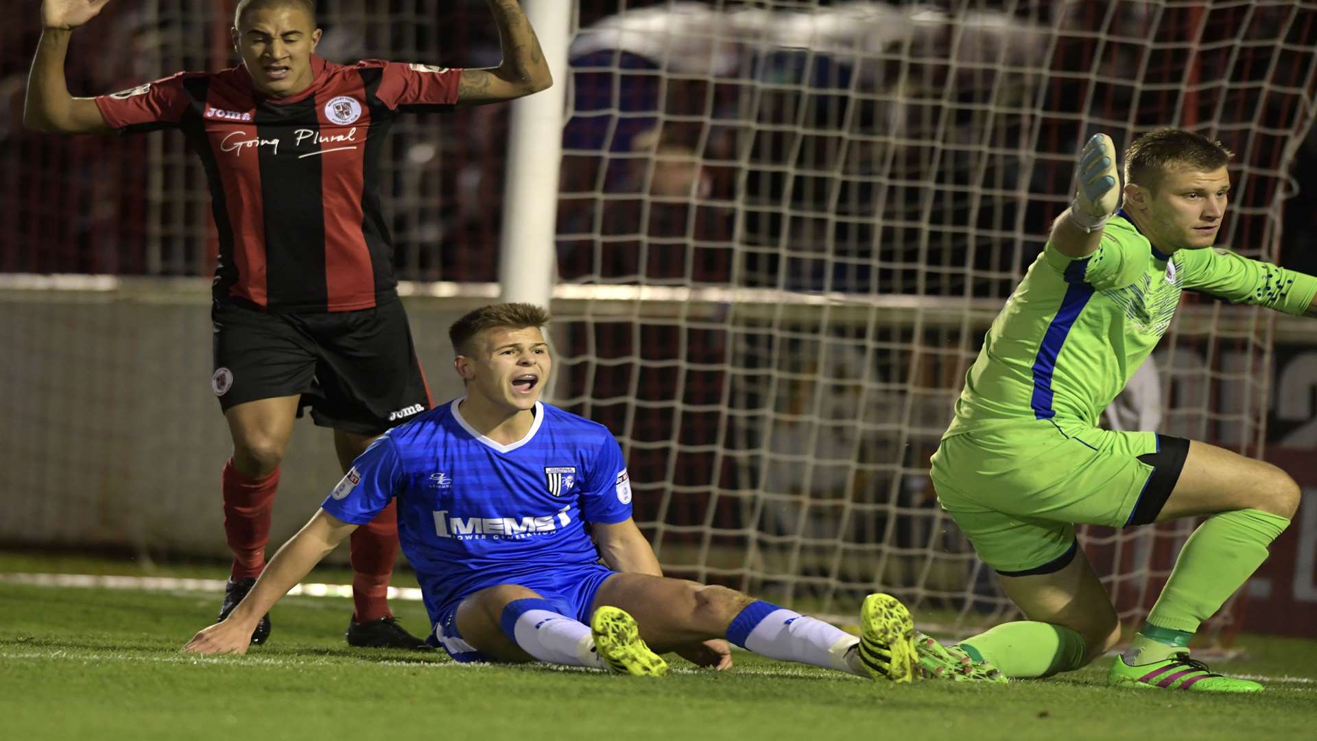 Jake Hessenthaler cannot believe he has not been awarded the foul Picture: Barry Goodwin