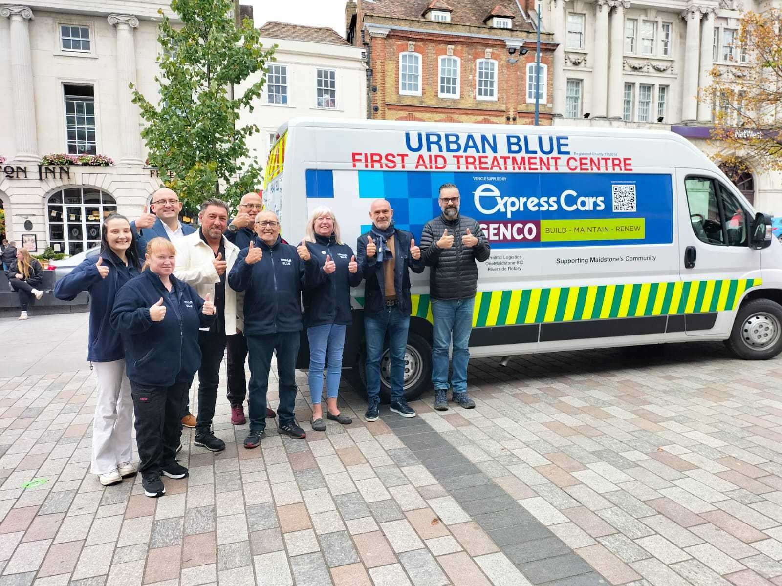 From left, volunteer Jade Knight, Urban Blue manager Janice Reece, Jason Brown and Johnny Landolo of Express Cabs, volunteer Barry Fern, trustees Ian and Val Jacobs, John Roberts of Genco, and Ade Rowswell, manager of The Brenchley pub