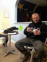 Christian Nock enjoys a well earned brew at Sheerness Swimming Pool