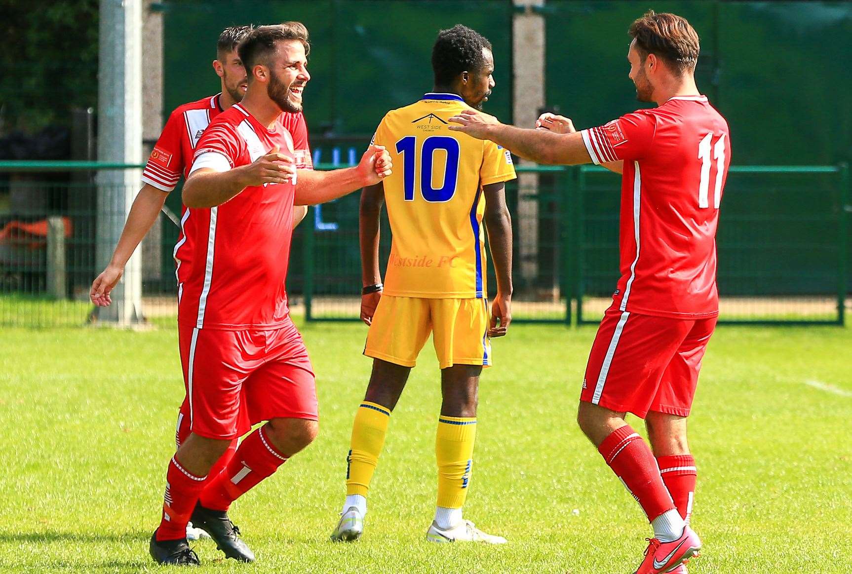 Freeman Rogers celebrates his weekend goal during their shoot-out defeat away to Westside in the FA Vase. Picture: Les Biggs