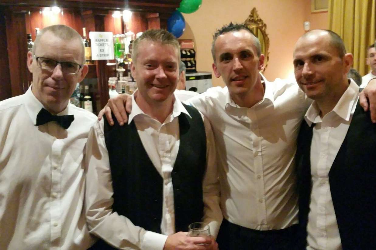 From last year's Charity snooker event for the Rainbow Trust. Referee Glen Sullivan with snooker player Gerrard Green, organiser of the event Colin Philips and snooker player Joe Perry.