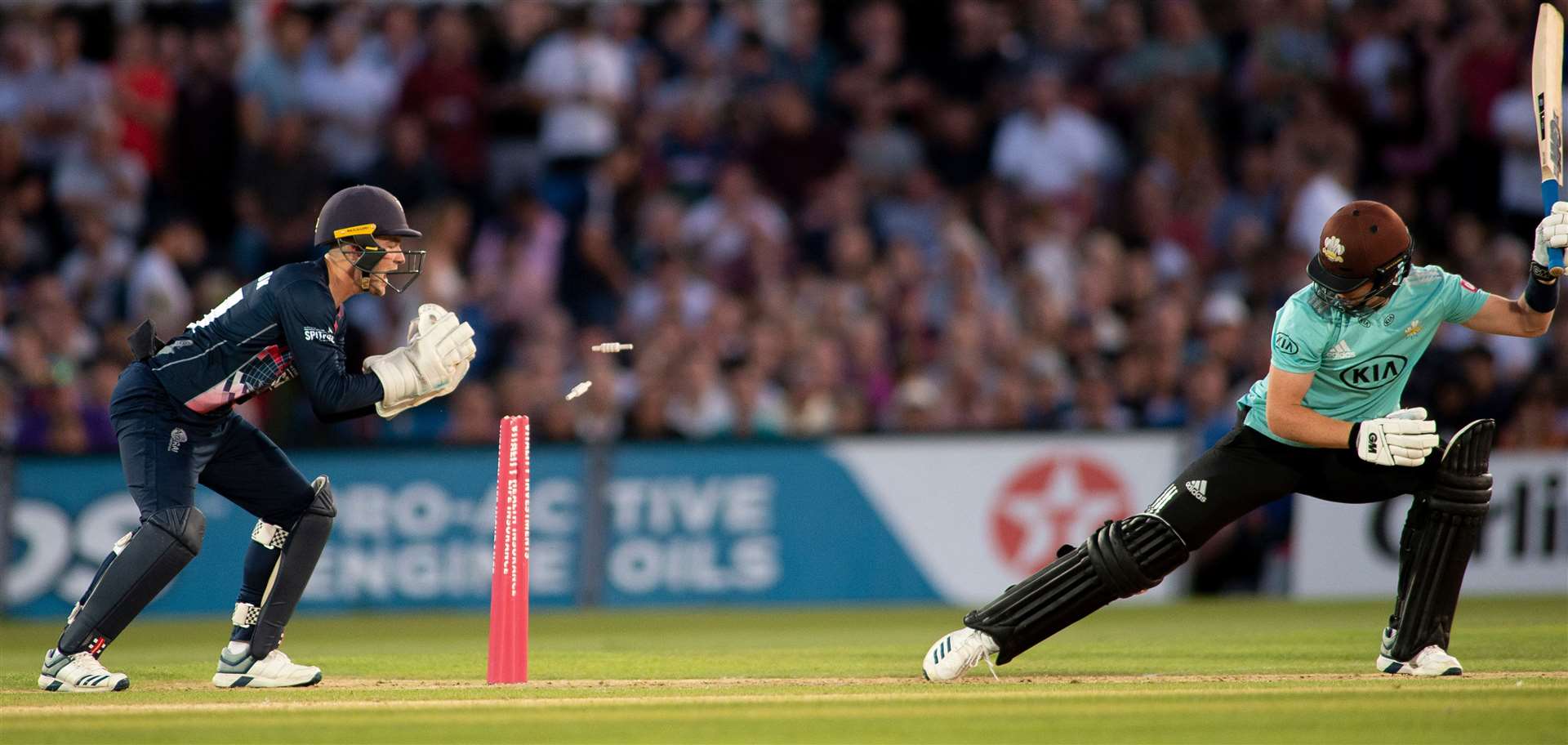 Ollie Robinson stumps Ollie Pope in Kent's game against Surrey last August Picture: Ady Kerry